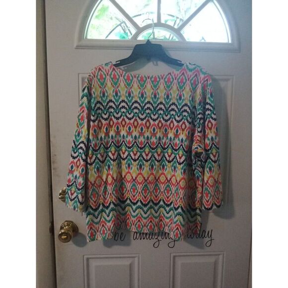 Ruby Rd 2X Top Silver Studded Neckline 3/4 sleeves Aztec Design Multi Colored - Picture 6 of 7